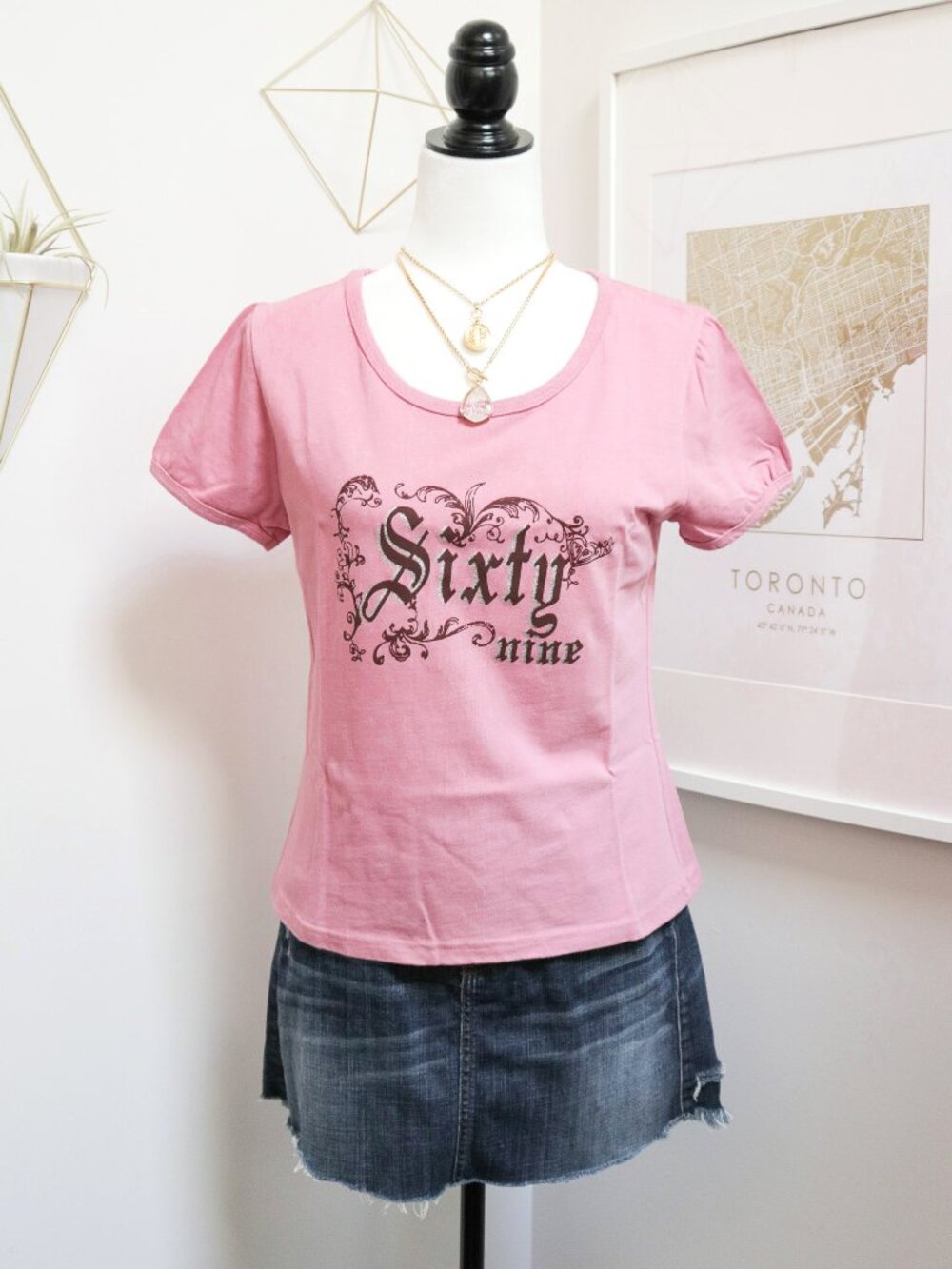 Y2K Baby Pink 69 Calligraphy Tee w/ Round Scoop Neck, Casual T Shirt, Script